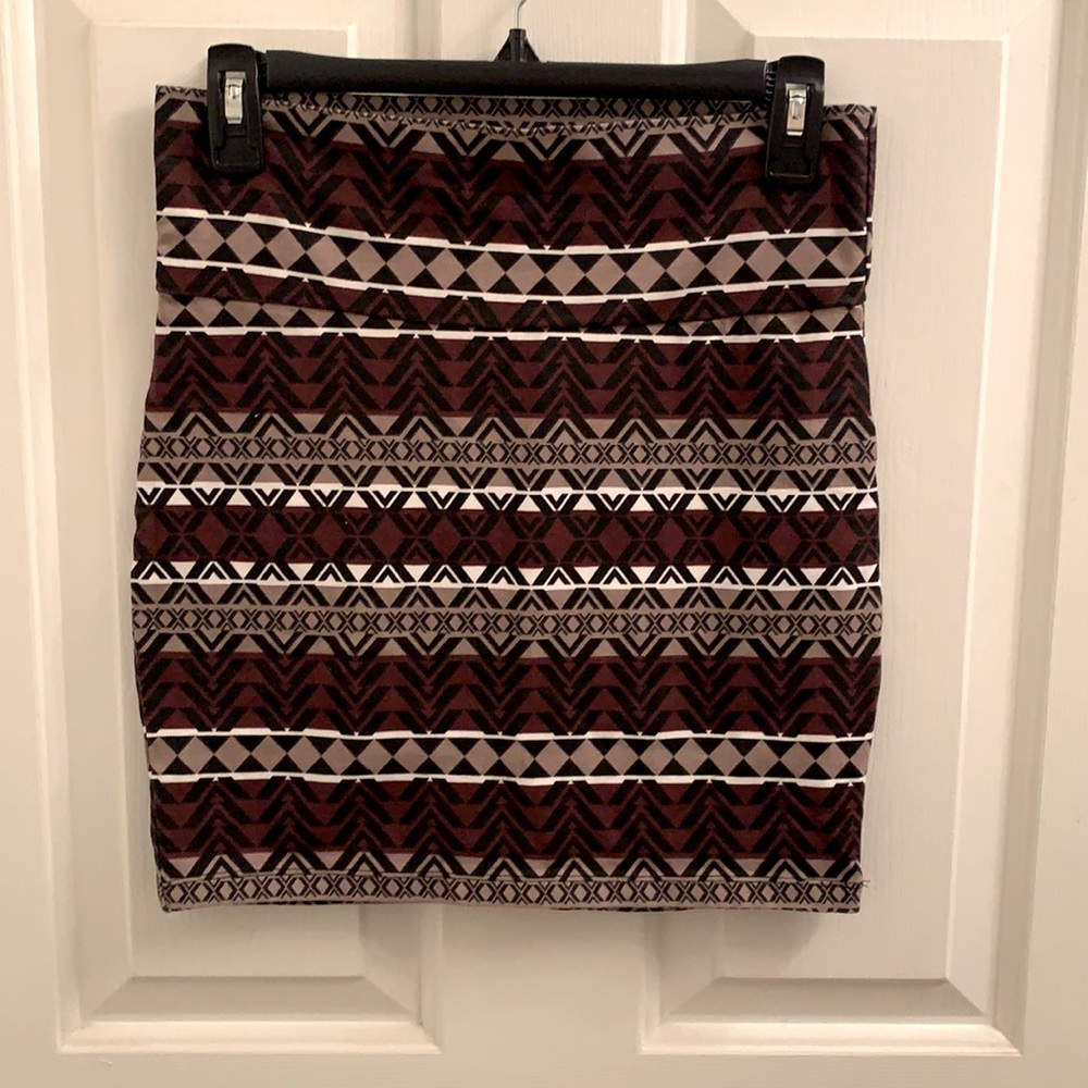 Maroon, Brown, White, and Black Tight Skirt.